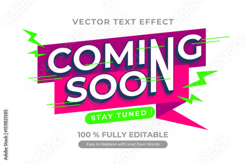 COMING SOON text effect graphic design with magenta banner green accents and white lettering