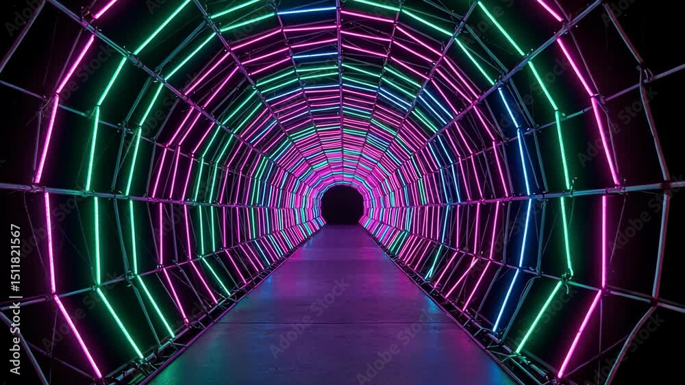 Neon lights form geometric tunnel creating a futuristic vibe.