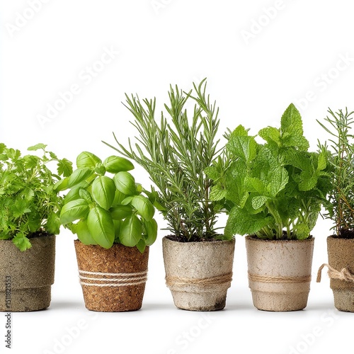 Assorted potted herbs basil rosemary mint coriander for cooking and home gardening fresh organic herbs