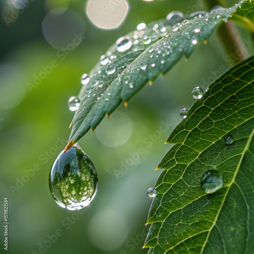 Rain water drops on neutral green leaf AI generated 