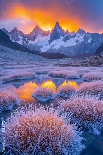 Mountain Majesty: A stunning landscape of majestic snow-capped mountains and vibrant orange sunset over a serene landscape in the morning, embodying nature's grandeur and a sense of peace.