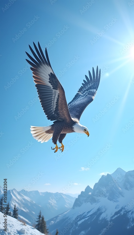 Fototapeta premium Majestic Eagle Soaring Above Snow-Capped Mountains in Clear Sky