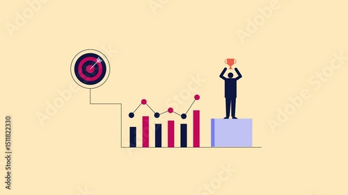 Arrow hits target, rising business growth graph and stick figure lifting trophy symbolise measurable success and goal achievement.