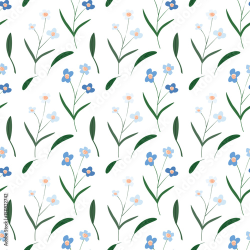 Seamless Blue Floral Vector Pattern with White Background