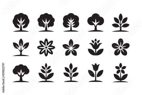 Collection of Black and White Tree and Flower Icons