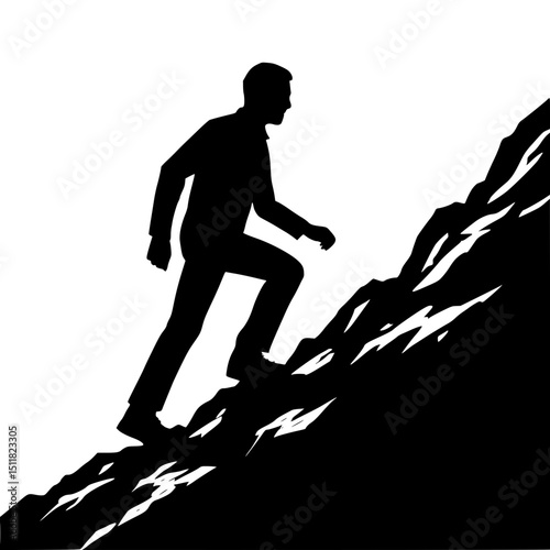Man climbing steep rock face in silhouette style  