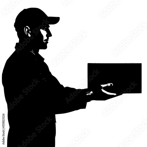 Delivery person holding a package in silhouette against a white background  