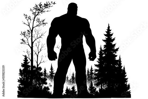 A clear silhouette of a man standing above the trees in the forest