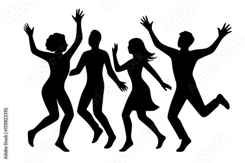 Silhouettes of four joyful people dancing together in celebration  