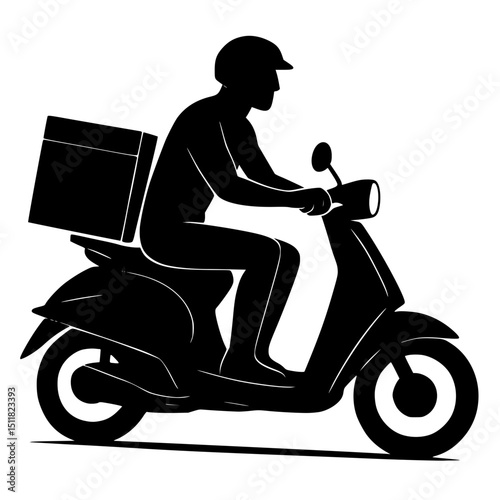 Delivery person riding scooter with package in black silhouette  