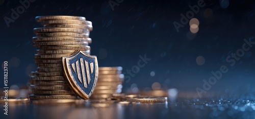 Financial Shield: A stack of gold coins, symbolizing wealth and prosperity, is protected by a shield, representing security and financial safeguarding, against a backdrop of bokeh lights.