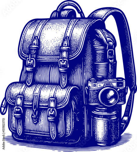 vintage leather bag. suitcase with travel bags. school bag isolated on white. Retro sketch of a hiking backpack. Fashionable travel backpack. camping backpack