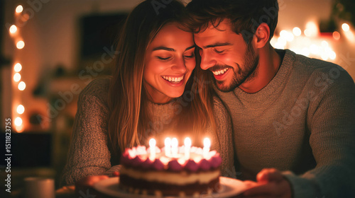 a romantic couple celebrating a birthday with a small cake and candlelight dinner at home