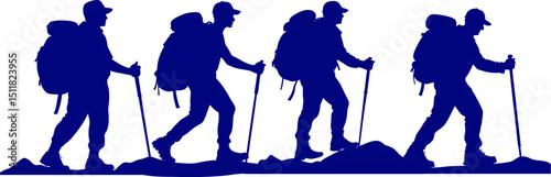 silhouette of a group of mans with hiking backpack. Three mans traveling with backpack and trekking pole. Mans with travelling bag. A group of people are walking in a line, each carrying backpack