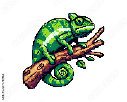 Pixel art chameleon perched on a branch with green leaves digital illustration
