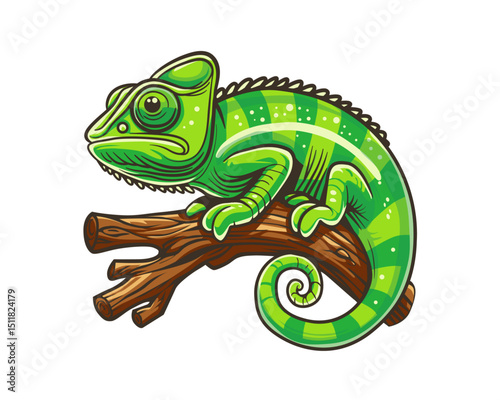 A green chameleon with white spots is perched on a brown branch