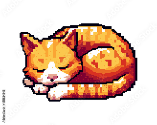 Pixel art image of a sleeping orange tabby cat curled in a ball on a white background
