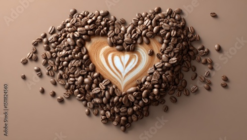 Heart-shaped latte art surrounded by coffee beans