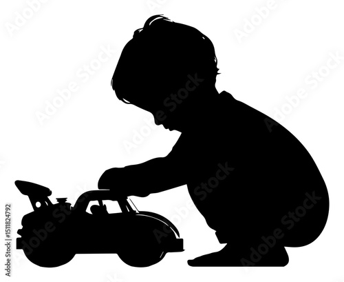 Black and white silhouette of a little boy playing with a toy car on a white background. Vector graphics. EPS.