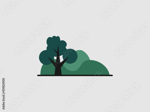 flat design illustration of a dark green tree in front of light green hills