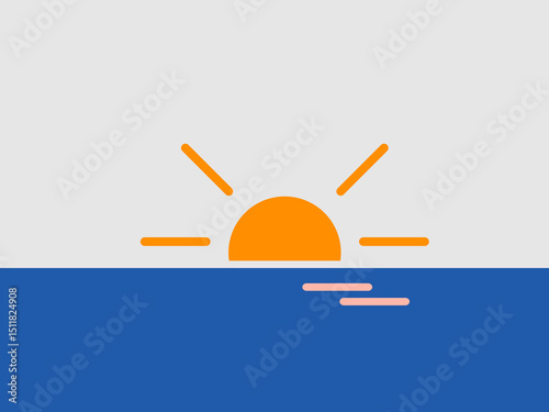 flat design illustration of a vibrant orange sun setting over blue water