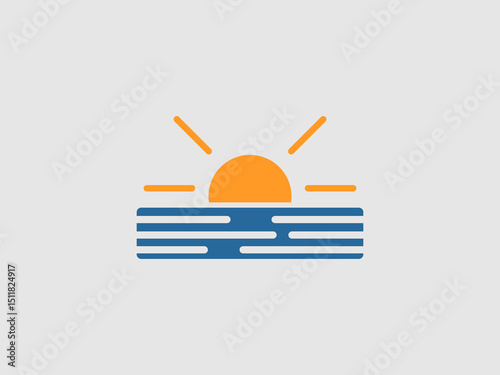 A stylized illustration of an orange sun setting over blue water with distinct wave patterns