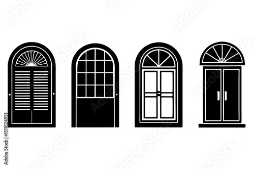 Minimalist Black and White Line Art of Architectural Window Shapes and Gothic Arched Doorway Silhouettes