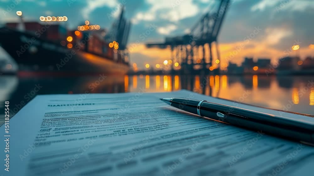 Cargo shipping industry contract signing at sunset for international trade
