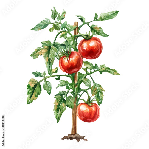 Tomato Plant, watercolor vector, high quality, isolated on a white background.