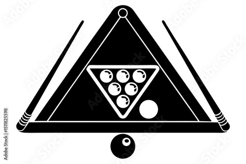 Minimalist Billiards Table Illustration – Black and White Geometric Pool Cue, Balls & Triangle Rack Design