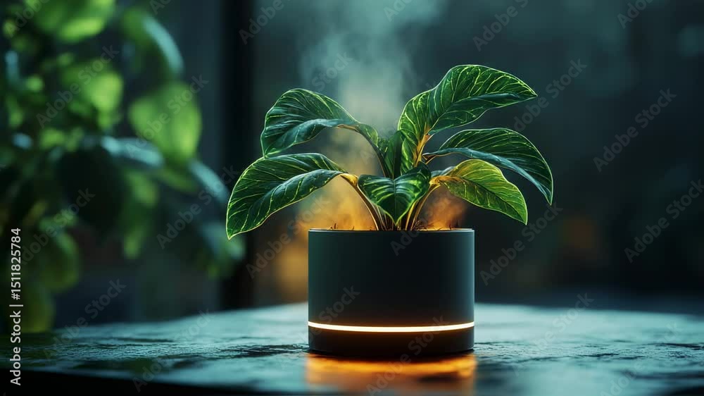 Luminous planter with a vibrant plant creating a tranquil ambience