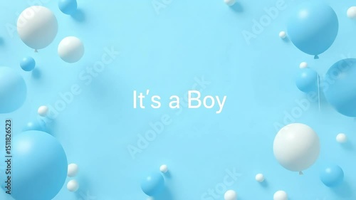 It's a boy baby shower announcement background with blue and white 3d spheres scene