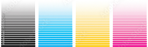 CMYK dot pattern background. Halftone dotted prepress color ink texture. Vector abstract printed production design. Bitmap pop art banner bg. Postscript rip chart illustration