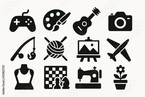 Hobby icons: gaming, art, music, photography, fishing, knitting, painting, travel, fashion, chess, sewing, gardening