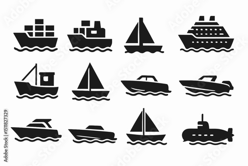 Silhouette icons of various boats and ships on waves