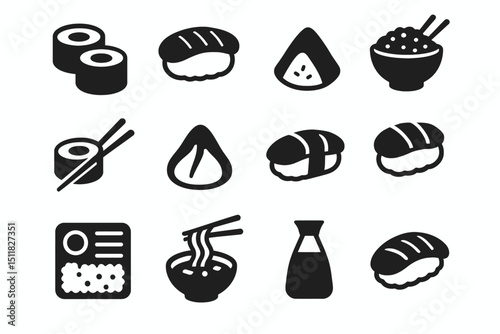 Set of black and white sushi icons with bowls and chopsticks
