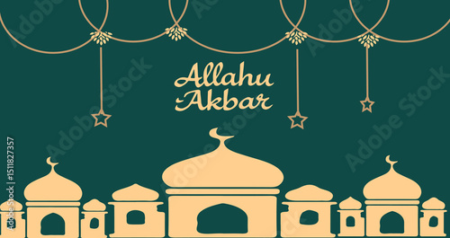 allaha akbar horizontal vector banner, text in middle with lantern and Mosque. Ramadan Kareem ads, flyer, invitation, greeting card. Islamic background. 