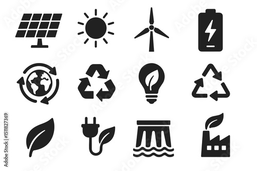 Renewable energy icons: solar, wind, battery, recycling, sustainability