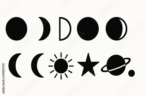 Black silhouettes of moon phases, sun, star, and planet icons on white background