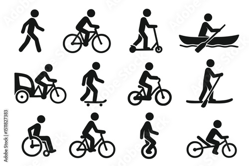 Silhouette icons of various transportation methods: bicycles, scooters, skateboards, and more