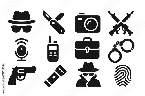 Spy gadgets and tools icons: camera, gun, handcuffs, microphone, fingerprint, briefcase
