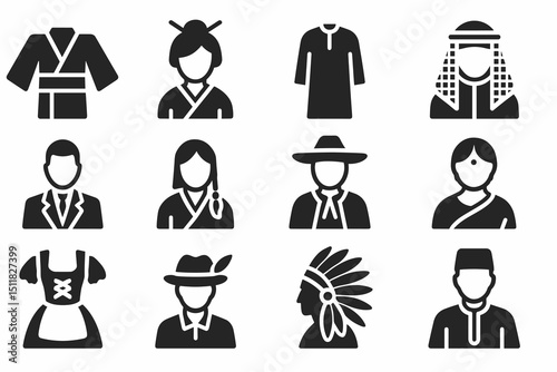 Cultural clothing icons: international outfits in simple black design