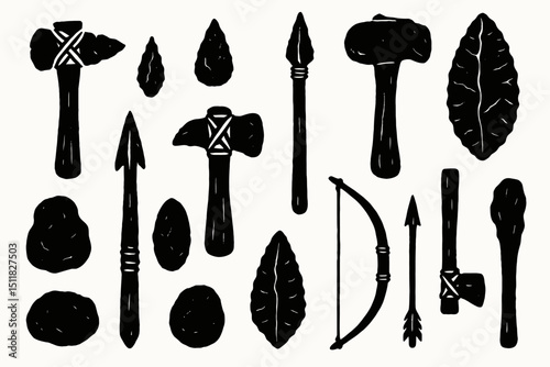 Stone age tool collection: axes, arrows, spears, and bow illustrations