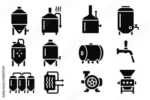 Black silhouettes of brewery equipment collection set