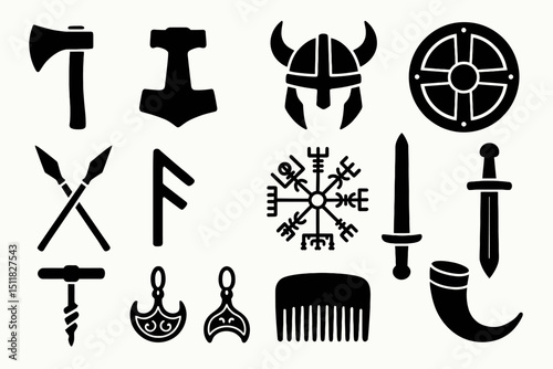 Viking symbols and weapons silhouettes: axe, helmet, shield, spear, mjolnir, sword, horn