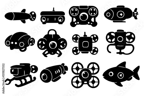 Stylized black and white silhouettes of various underwater drones and vehicles