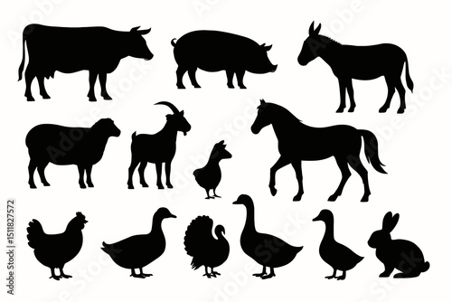 Silhouette collection of farm animals including cow, pig, donkey, and more