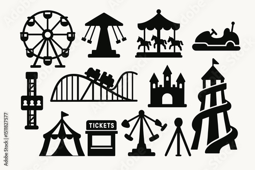 Amusement park icons: ferris wheel, carousel, roller coaster, slide, bumper cars