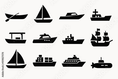 Silhouette collection of various boats and ships