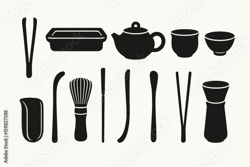 Traditional japanese tea ceremony tools vector silhouettes in black
